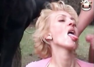 Blond-haired MILF enjoys oral with animals